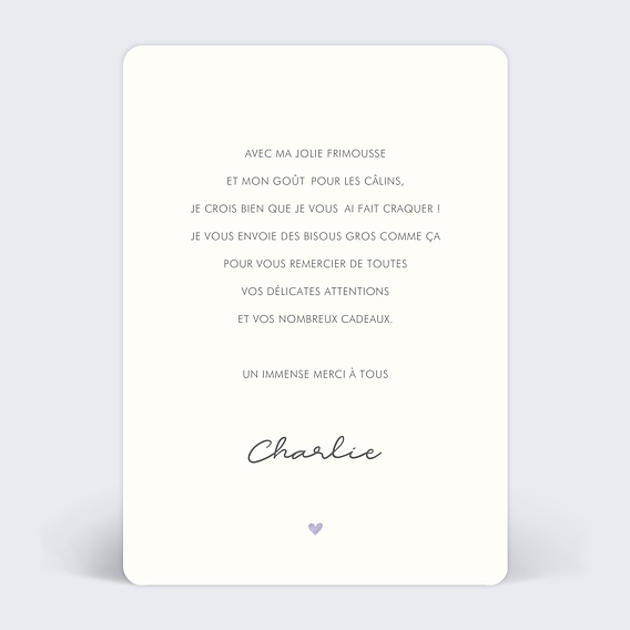 Carte remerciement naissance Motif Coeur Lilas Verso