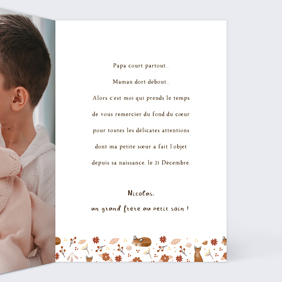 Carte remerciement naissance Frise Renard Intérieur Droit