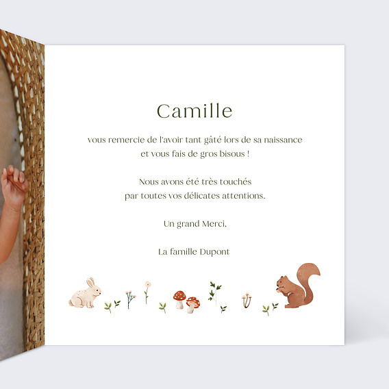 Carte remerciement naissance Lettrine Forêt Intérieur Droit