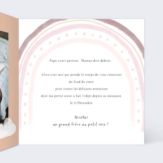 Carte remerciement naissance Petit arc-en-ciel Intérieur Droit