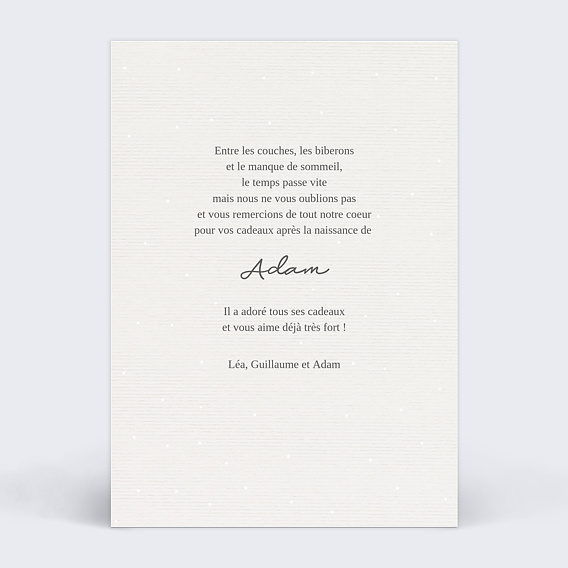 Carte remerciement naissance Petit Lapin Gris  Verso