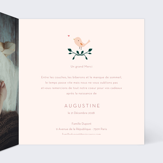 Carte remerciement naissance Augustine Intérieur Droit