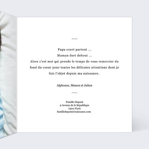 Carte remerciement naissance Calligraphie Merci Intérieur Droit