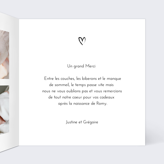 Carte remerciement naissance Signature Intérieur Droit