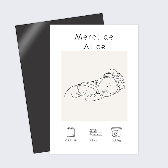 Carte remerciement naissance Portrait line art détaillé