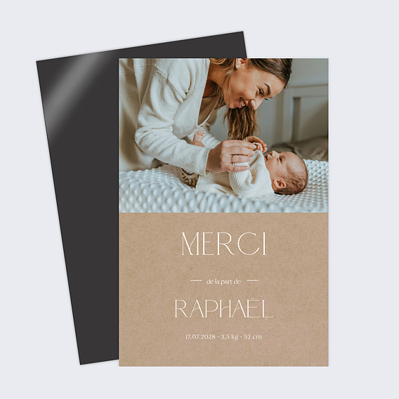 Carte remerciement naissance Lettrine Kraft