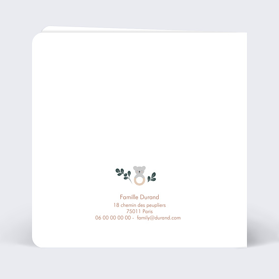 Carte remerciement naissance Hochet Koala Verso