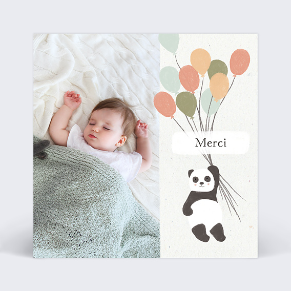 Carte remerciement naissance Panda ballons Recto