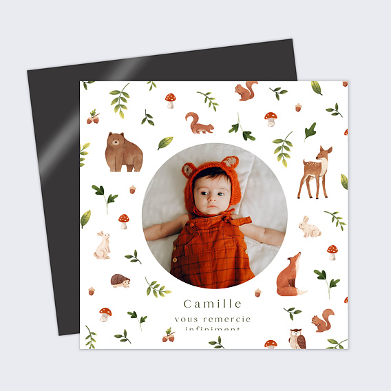 Carte remerciement naissance Lettrine Forêt