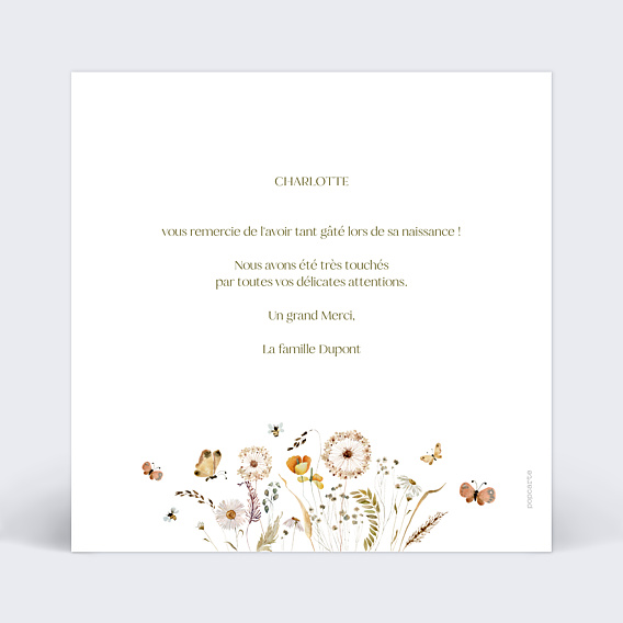 Remerciements Naissance Papillon et Fleurs