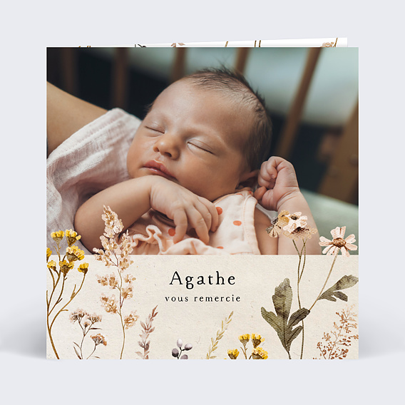 Carte remerciement naissance Bouquet Sauvage Graines Recto