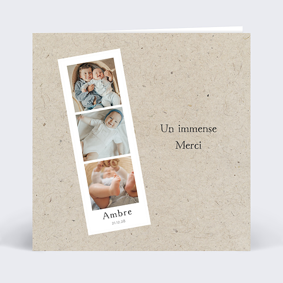 Carte remerciement naissance Découpe Photomaton Recto