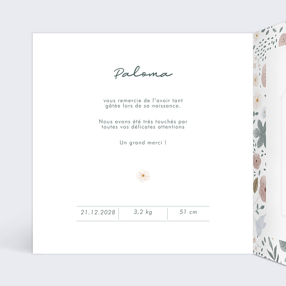 Carte remerciement naissance Magnolia Polaroïd avec Graines Intérieur Gauche