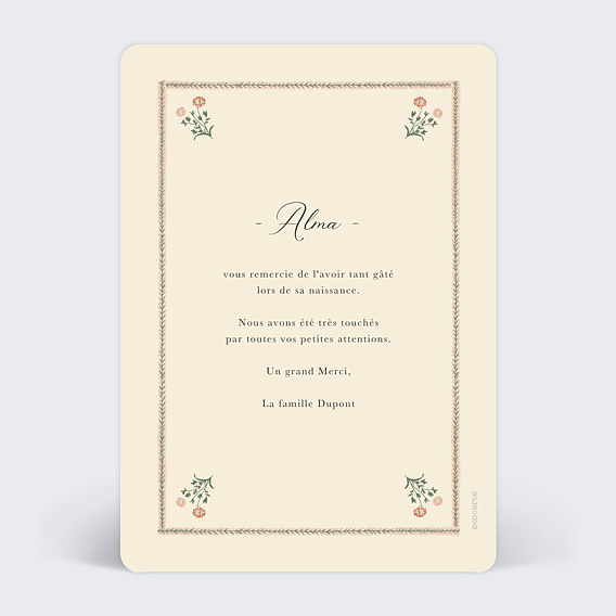 Carte remerciement naissance Tapisserie d'antan Verso