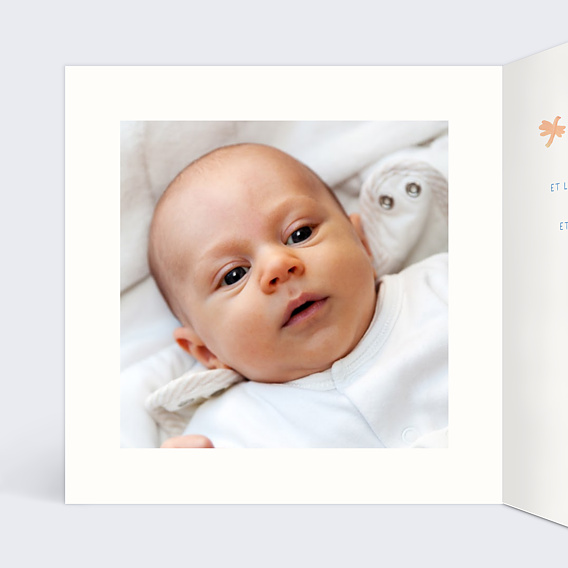 Carte remerciement naissance Petits oiseaux Intérieur Gauche