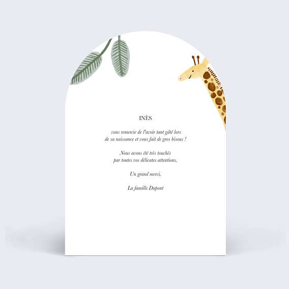 Carte remerciement naissance Amis de la jungle Verso