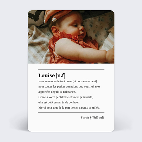 Carte remerciement naissance Petite Définition Verso