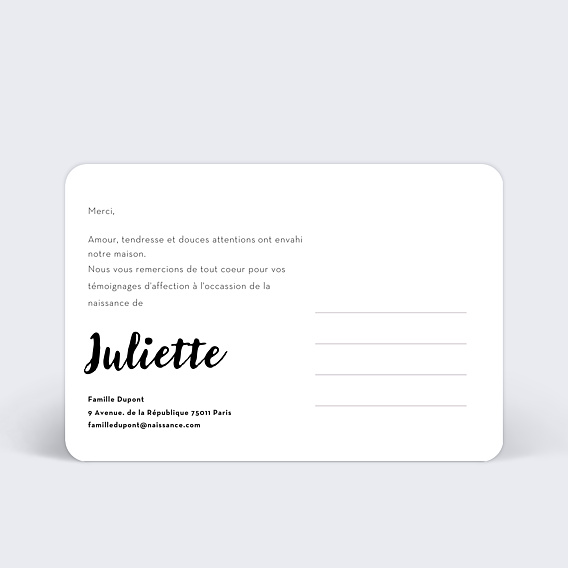 Carte remerciement naissance Joli Coeur Verso