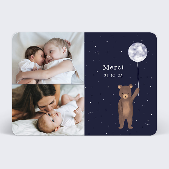 Carte remerciement naissance Ourson et cosmos Recto