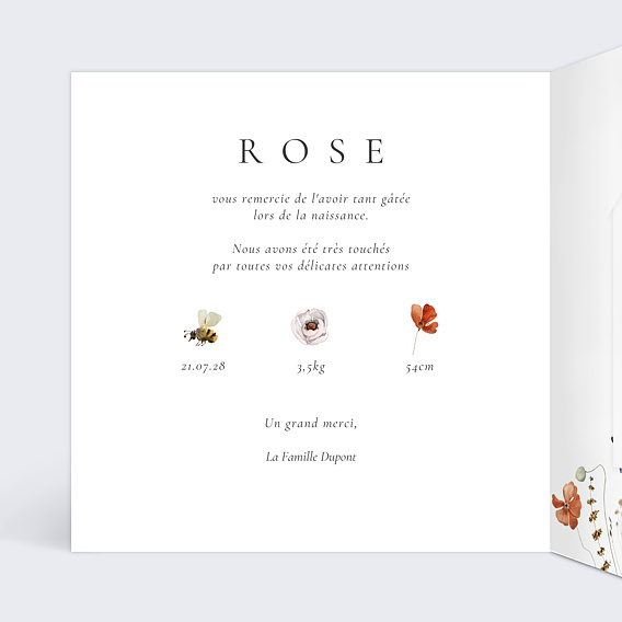 Carte remerciement naissance Fleurs des champs avec graines Intérieur Gauche