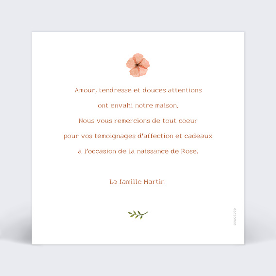 Carte remerciement naissance Couronne de Fleurs II Verso