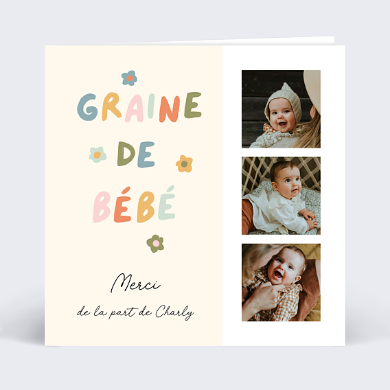 Carte remerciement naissance Graine de Bébé Recto
