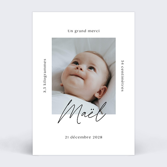 Carte remerciement naissance Certificat Graphique Recto