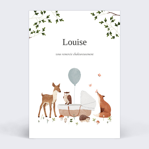Carte remerciement naissance Forêt Enchantée Recto