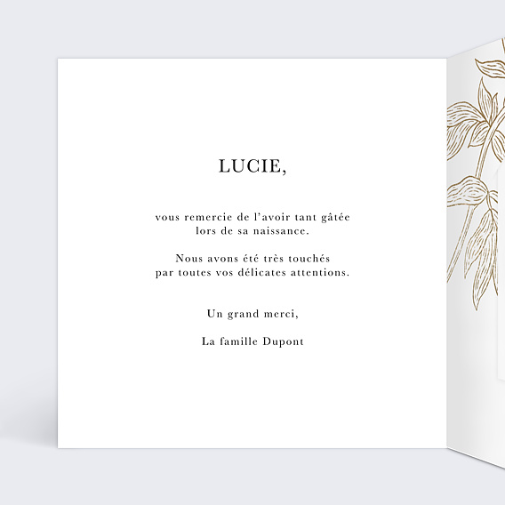 Carte remerciement naissance Merci fleuri avec graines Intérieur Gauche