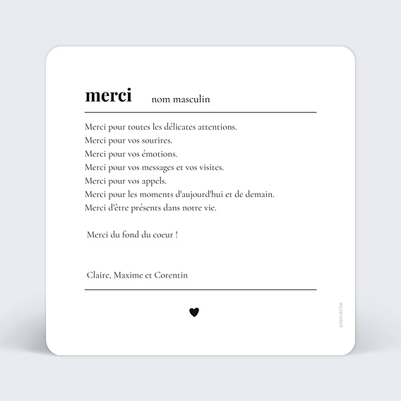 Carte remerciement naissance Définition Verso