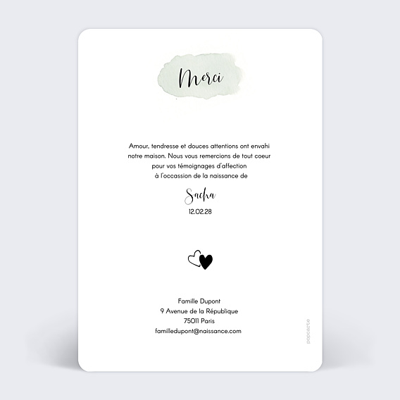 Carte remerciement naissance Tempo Verso