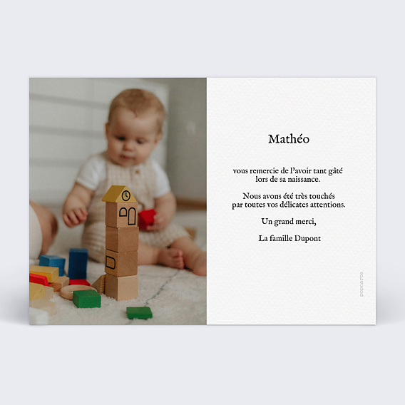 Carte remerciement naissance Merci en photos Verso