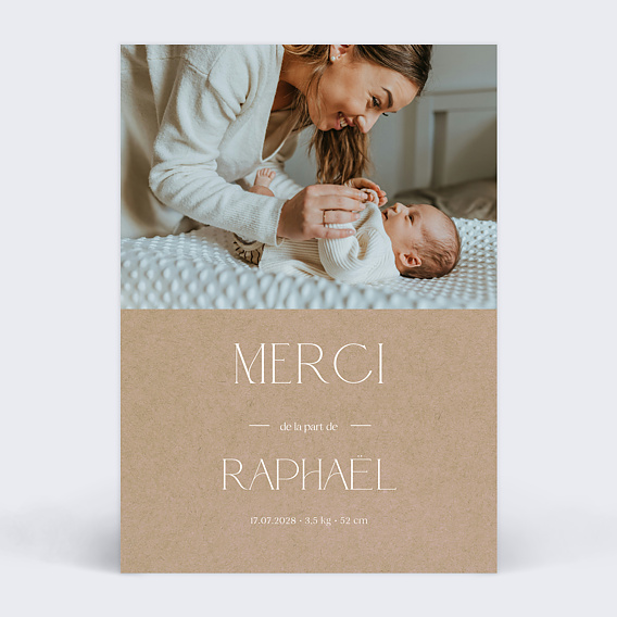 Carte remerciement naissance Lettrine Kraft