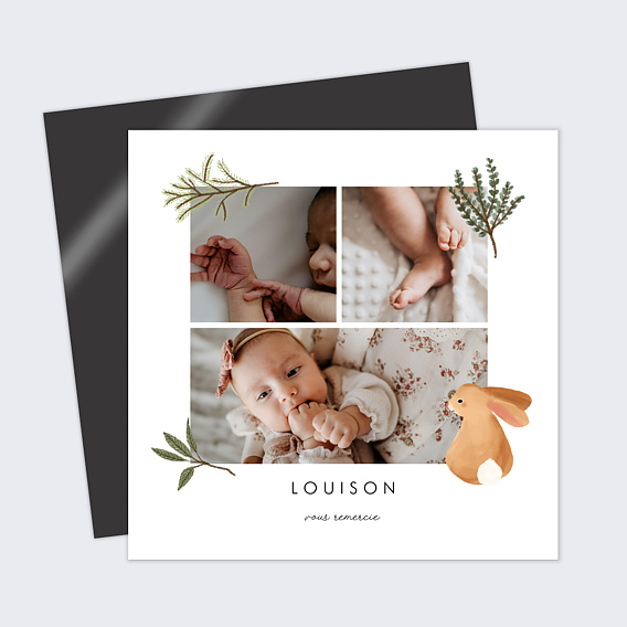 Carte remerciement naissance Lapin Forêt