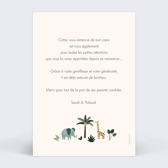 Carte remerciement naissance Petite Jungle Verso