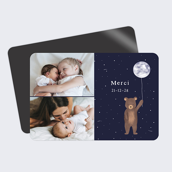Carte remerciement naissance Ourson et cosmos