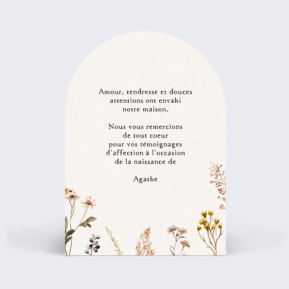 Carte remerciement naissance Bouquet Sauvage Verso
