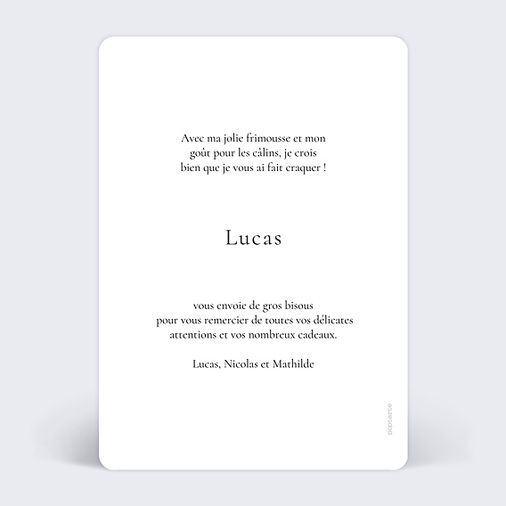 Carte remerciement naissance Ligne du coeur Verso