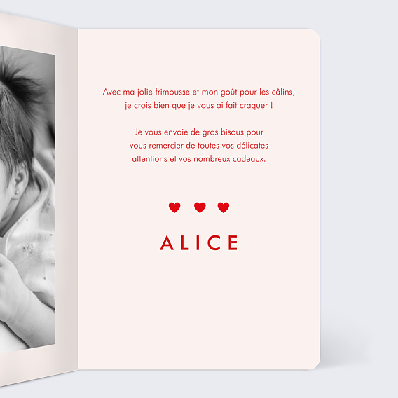 Carte remerciement naissance Cœurs Intérieur Droit