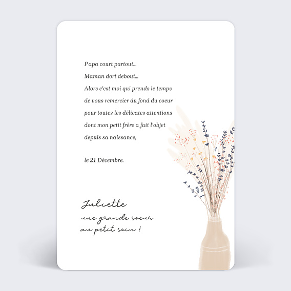 Carte remerciement naissance Fleur de pampa Verso