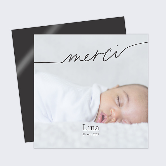 Carte remerciement naissance Merci noir