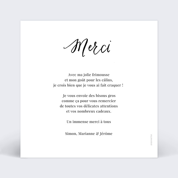 Carte remerciement naissance Calligraphie Verso