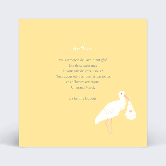 Carte remerciement naissance Cigogne Blanche Verso