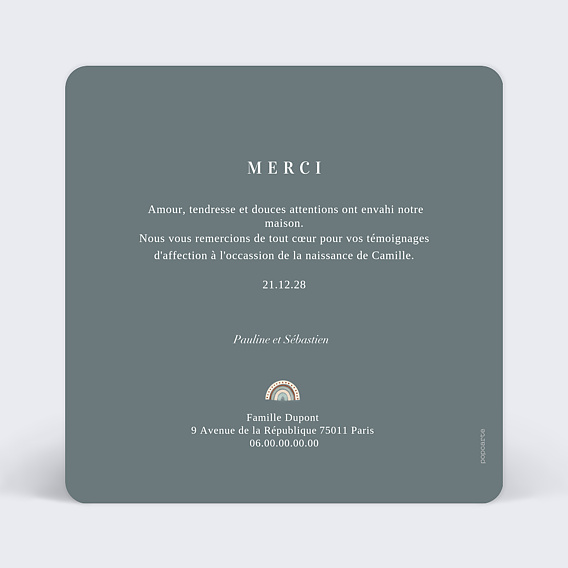 Carte remerciement naissance Layette Myrtille Verso