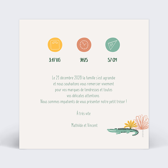 Carte remerciement naissance Lettrine Jungle Verso