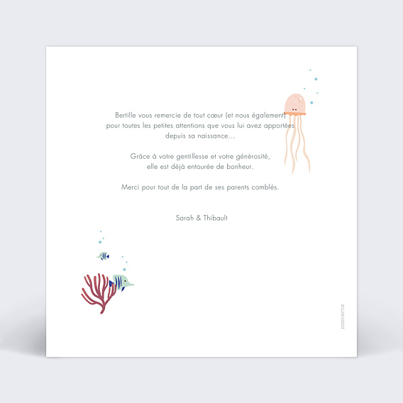 Carte remerciement naissance Sous l'Océan Verso