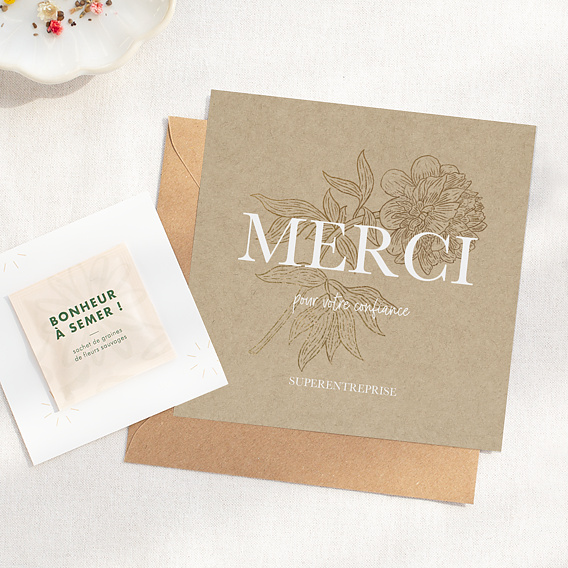 Carte remerciement professionnel Merci fleuri avec graines