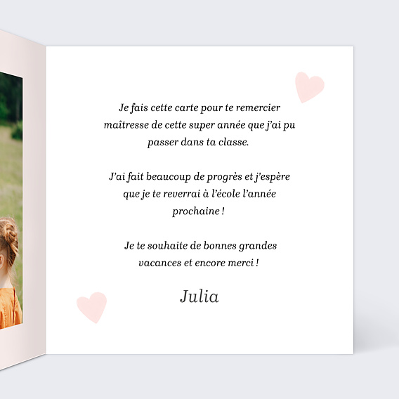 Carte de remerciement Cœur Rose Intérieur Droit