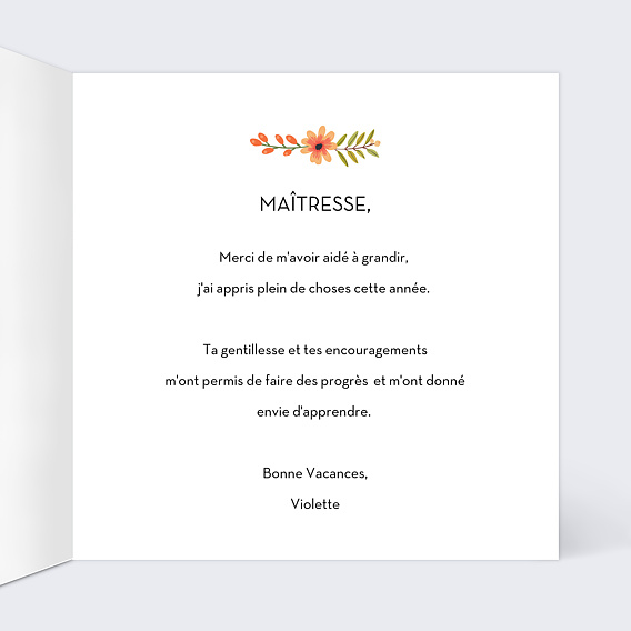 Carte de remerciement Fleurs pour Maîtresse Intérieur Droit