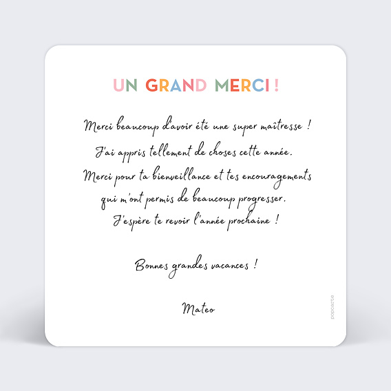 Carte de remerciement Lettres Colorées Verso